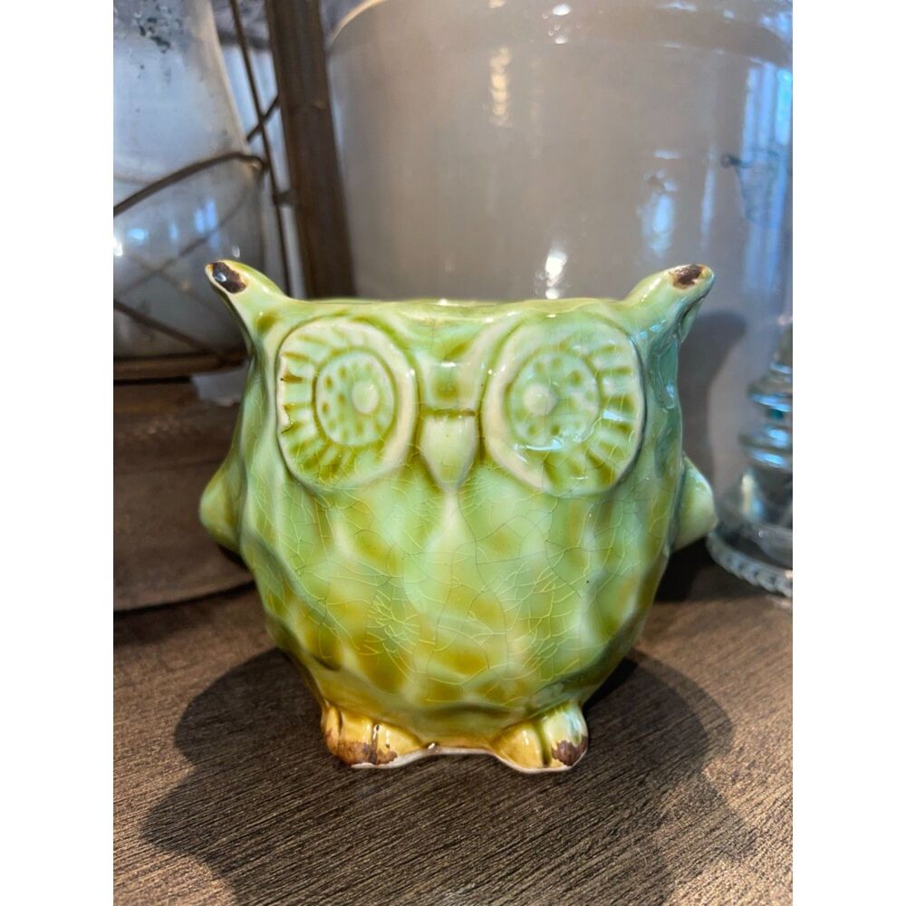 Vintage Green Glazed Ceramic Owl Planter Pot Crackle Glaze Hand Crafted Succulen